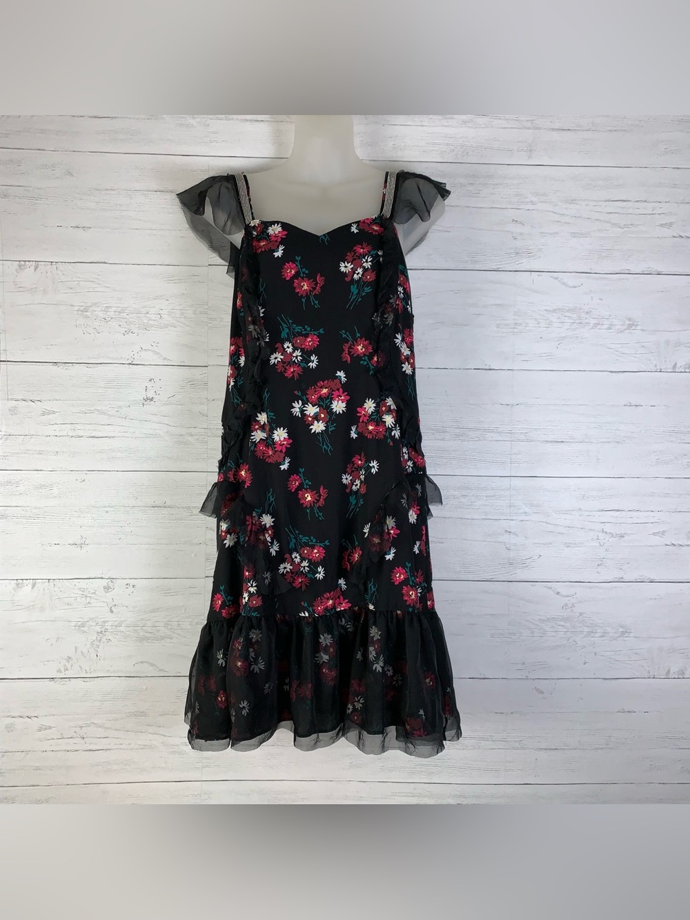Libby Edelman Womens small Dress Embellished Straps Side Zip Black Floral Lined